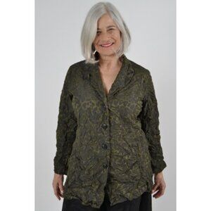 SUN KIM Crinkle Boyfriend Jacket Blazer Dark Green Leopard Art To Wear Lagenlook